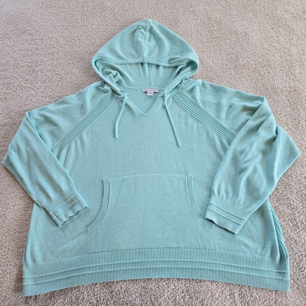 Athleta Evergreen Pullover Hoodie Knit‎ Sweater Mint Green Crochet Detail Sz 2X